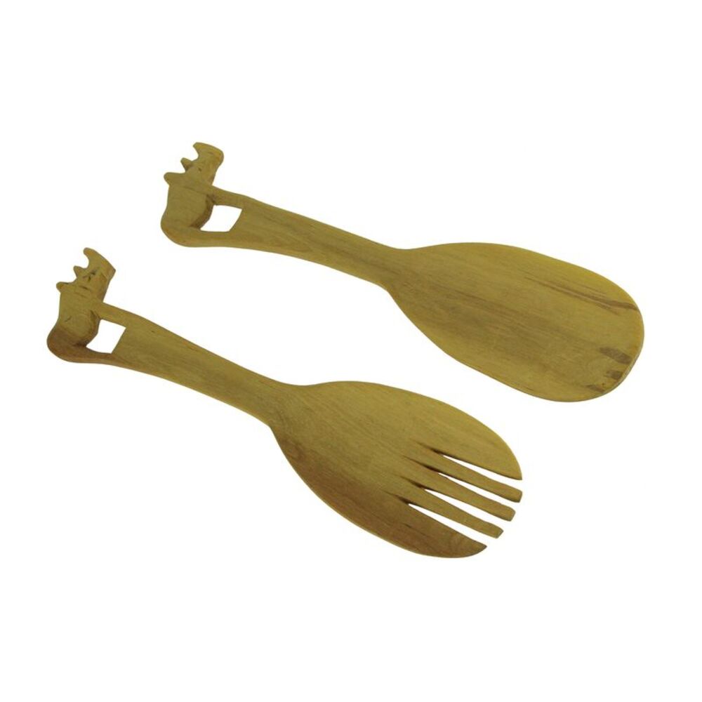Zeckos - Hand Carved Wood Decorative Rhinoceros Handle Salad Server Set - Brown